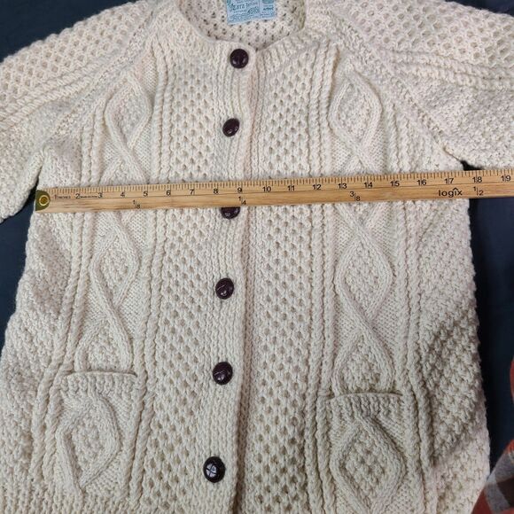 Vintage Irish Wool Hand Knit Womens S? Cable Fisherman Cardigan Ivory Ireland - Picture 3 of 10